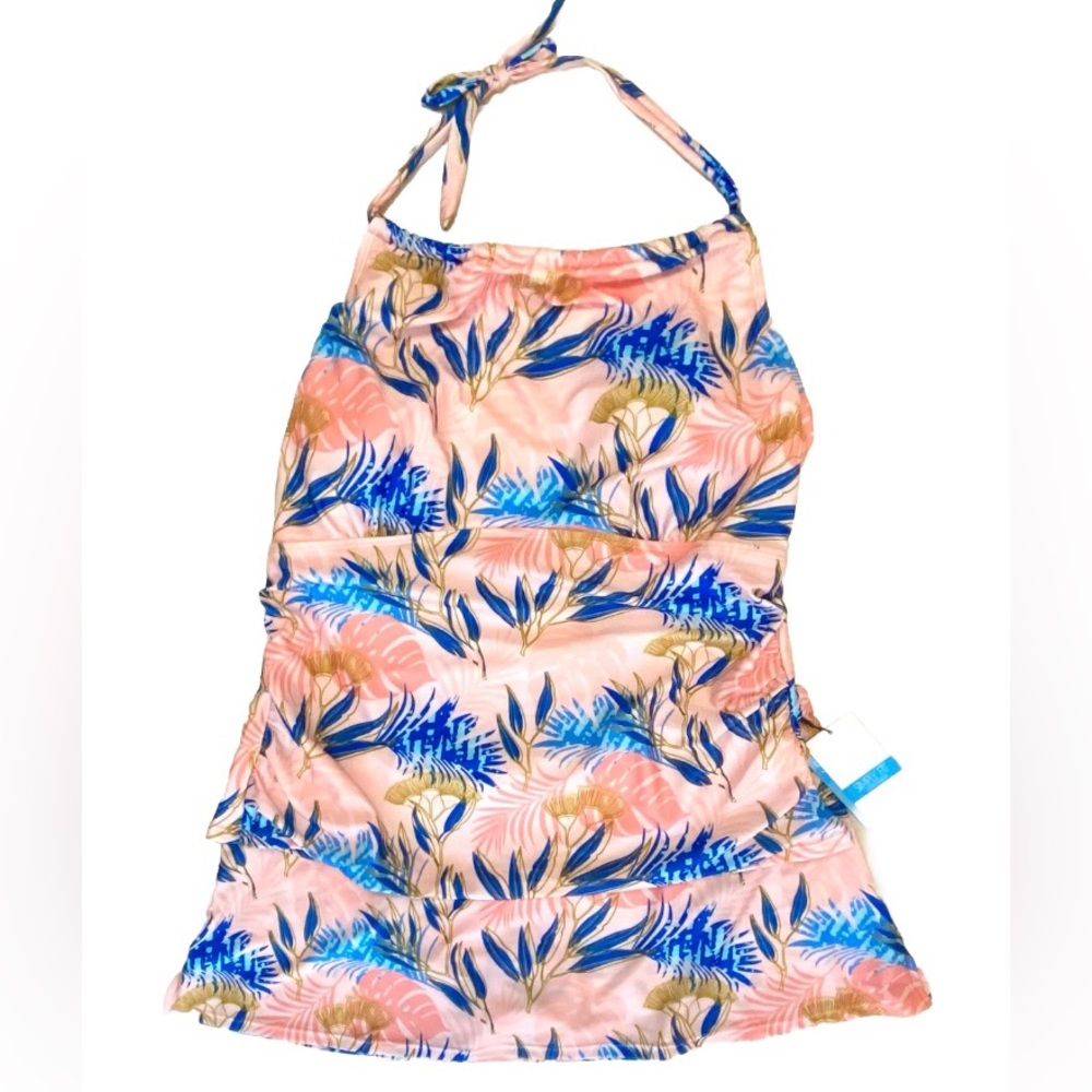 🆕 Simply Fit Swimsuit Womens Plus Size 3X Peach Floral Two Piece Halter Tankini